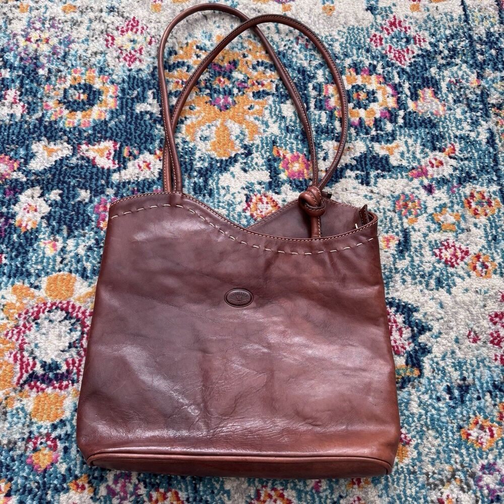 Vintage Cuoieria Fiorentina Brown Leather Tote Bag Double Strap Zip Close Italy‎